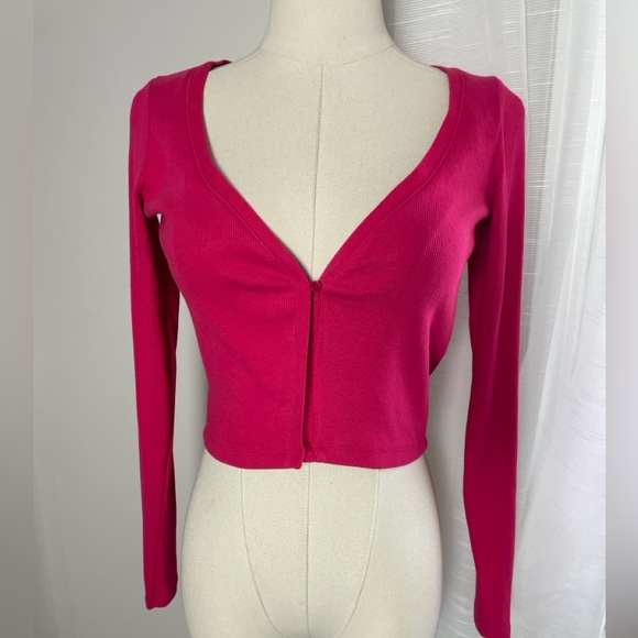 Zara Pink One Button Cropped Ribbed Cardigan Size Medium - Picture 2 of 7